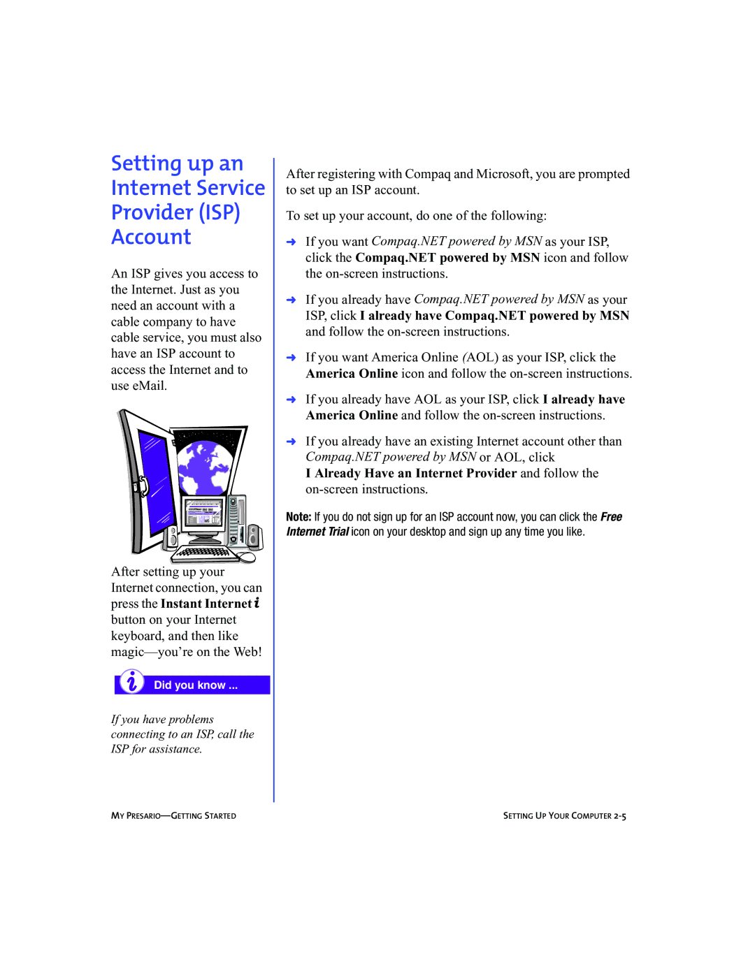 Compaq 5BW474 manual Setting up an Internet Service Provider ISP Account 