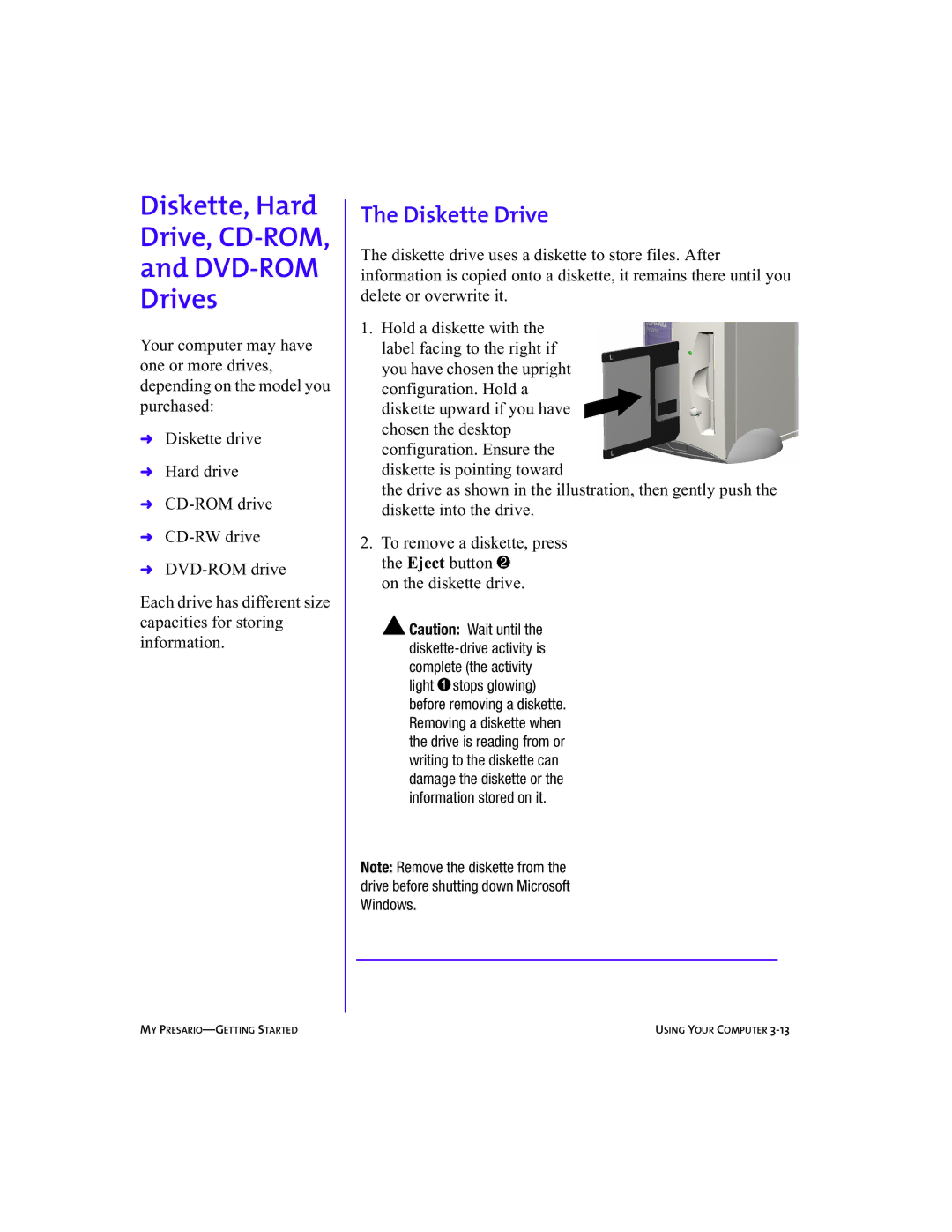 Compaq 5BW474 manual Diskette, Hard Drive, CD-ROM DVD-ROM Drives, Diskette Drive 