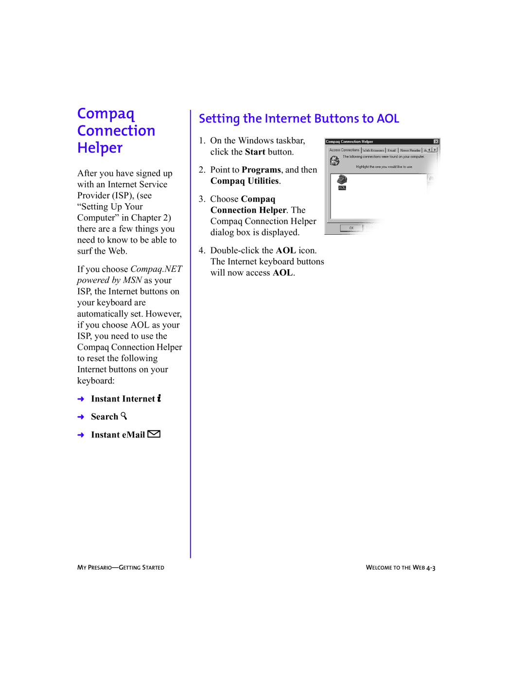 Compaq 5BW474 manual Compaq Connection Helper, Setting the Internet Buttons to AOL 