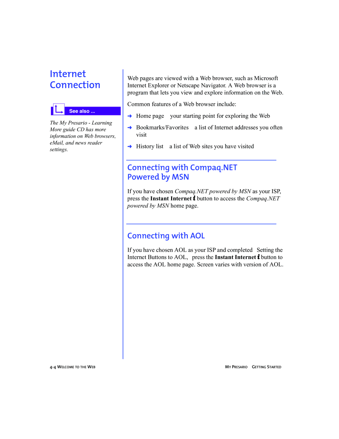 Compaq 5BW474 manual Connecting with Compaq.NET Powered by MSN, Connecting with AOL 