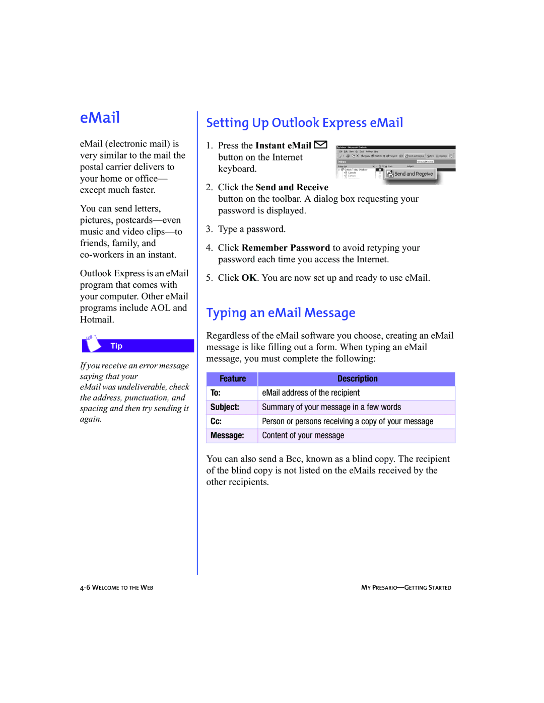 Compaq 5BW474 manual Setting Up Outlook Express eMail, Typing an eMail Message, Message Content of your message 