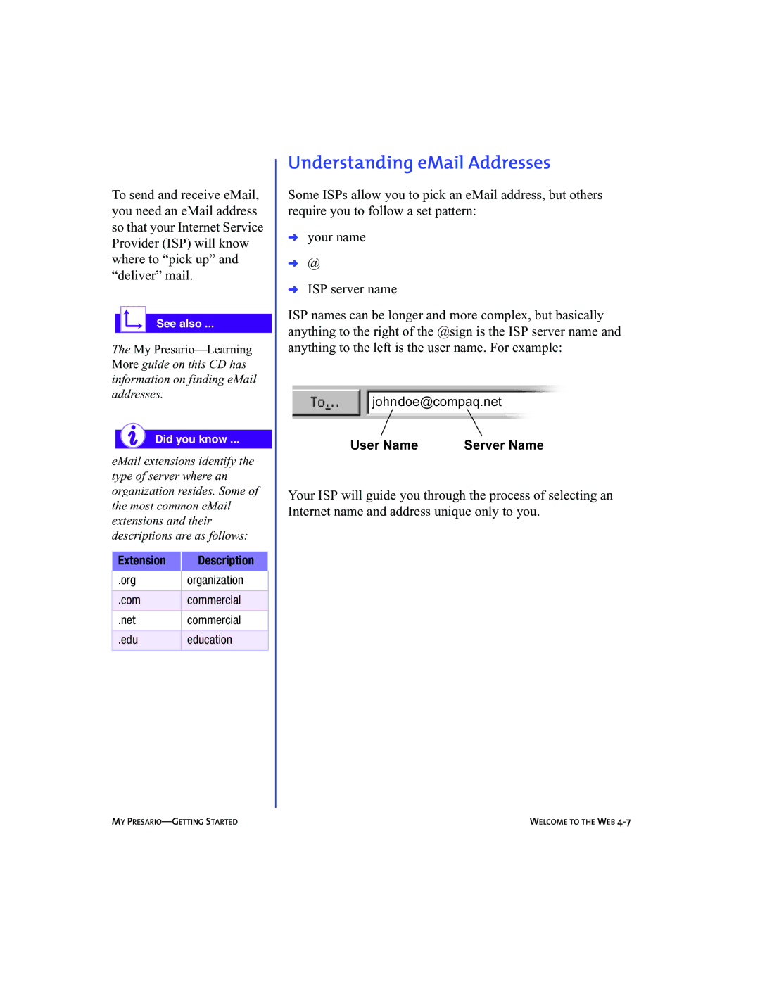 Compaq 5BW474 Understanding eMail Addresses, Extension Description, Org Organization Com Commercial Net Edu Education 