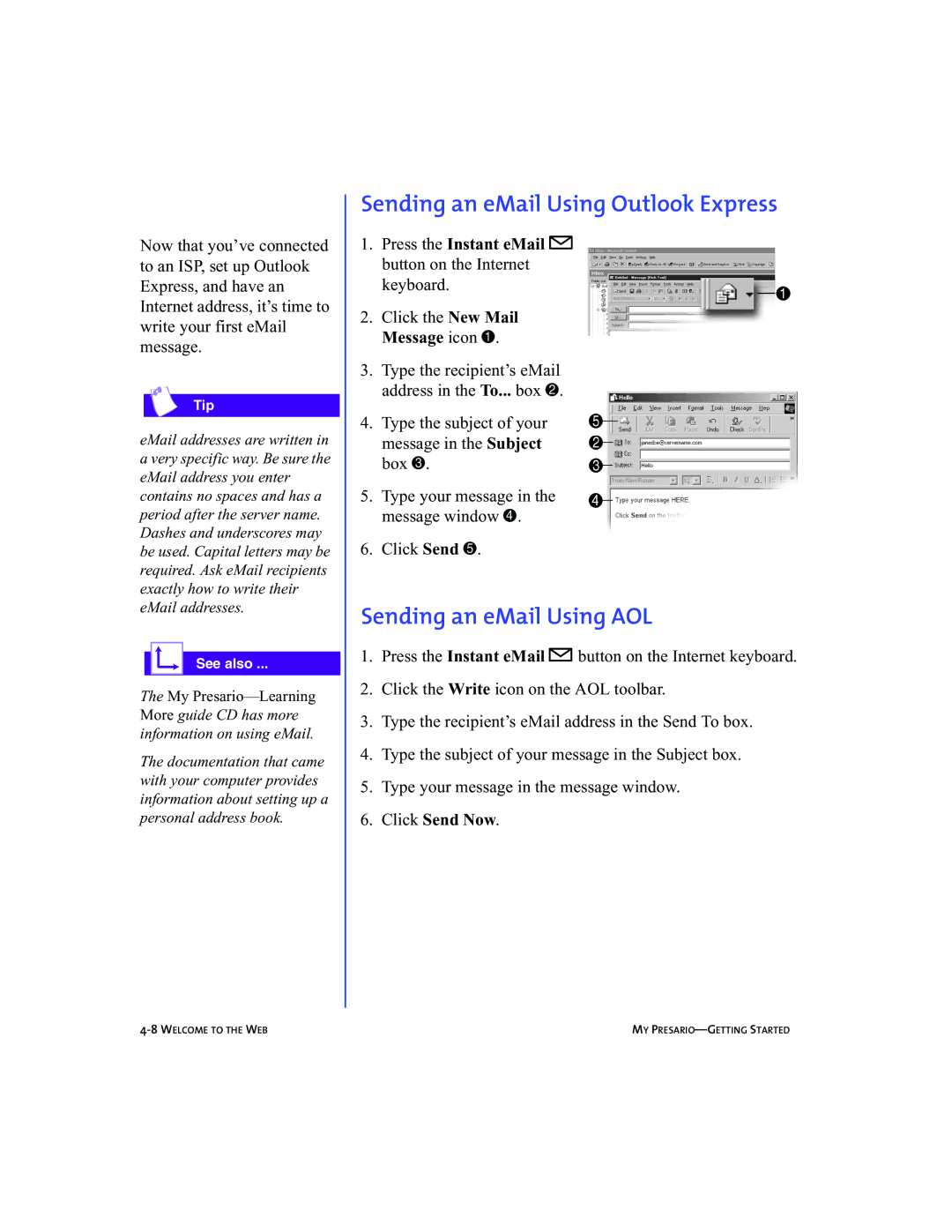 Compaq 5BW474 manual Sending an eMail Using Outlook Express, Sending an eMail Using AOL 