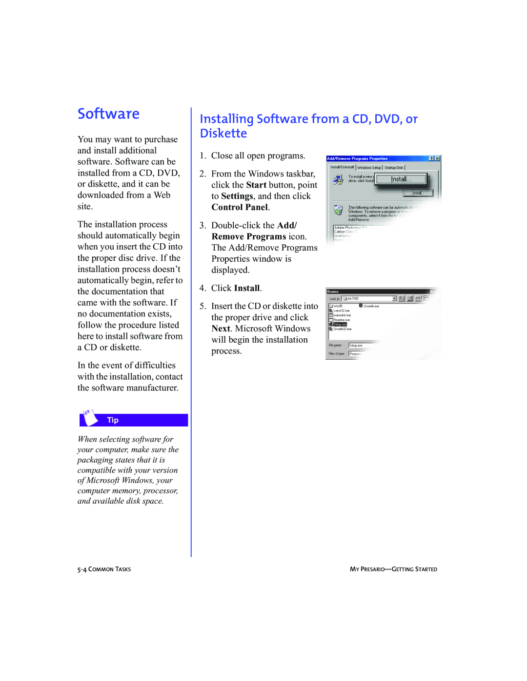 Compaq 5BW474 manual Installing Software from a CD, DVD, or Diskette 