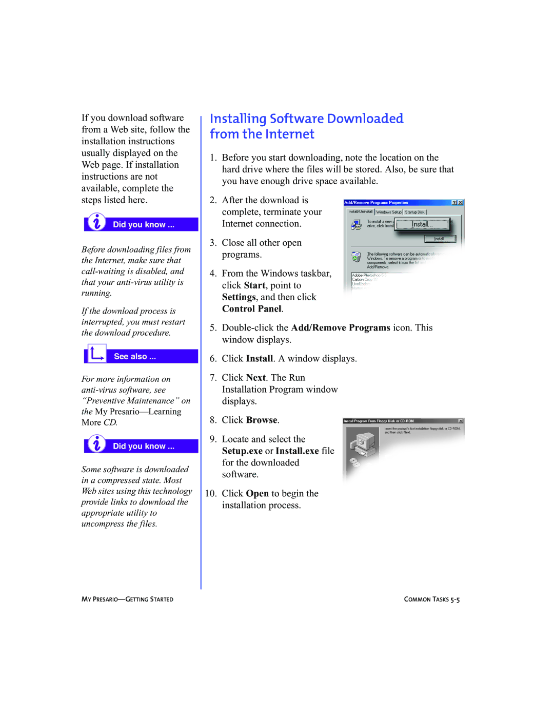 Compaq 5BW474 manual Installing Software Downloaded from the Internet 