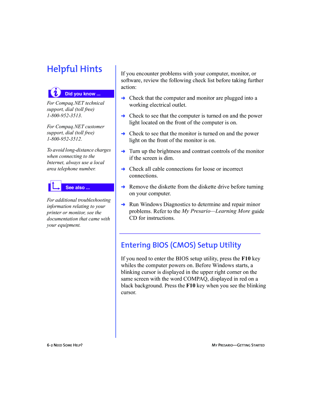 Compaq 5BW474 manual Helpful Hints, Entering Bios Cmos Setup Utility 