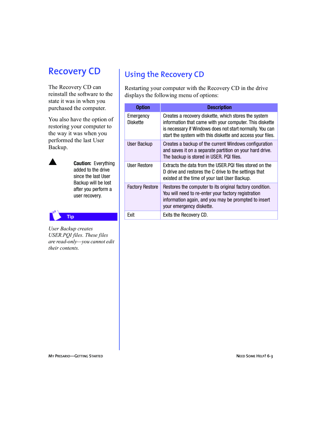 Compaq 5BW474 manual Using the Recovery CD, Option Description 