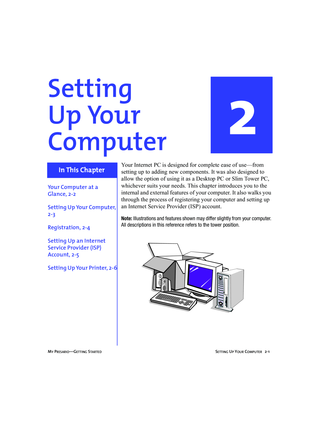 Compaq 5BW474 manual Your Computer at a Glance Setting Up Your Computer Registration, Setting Up Your Printer 