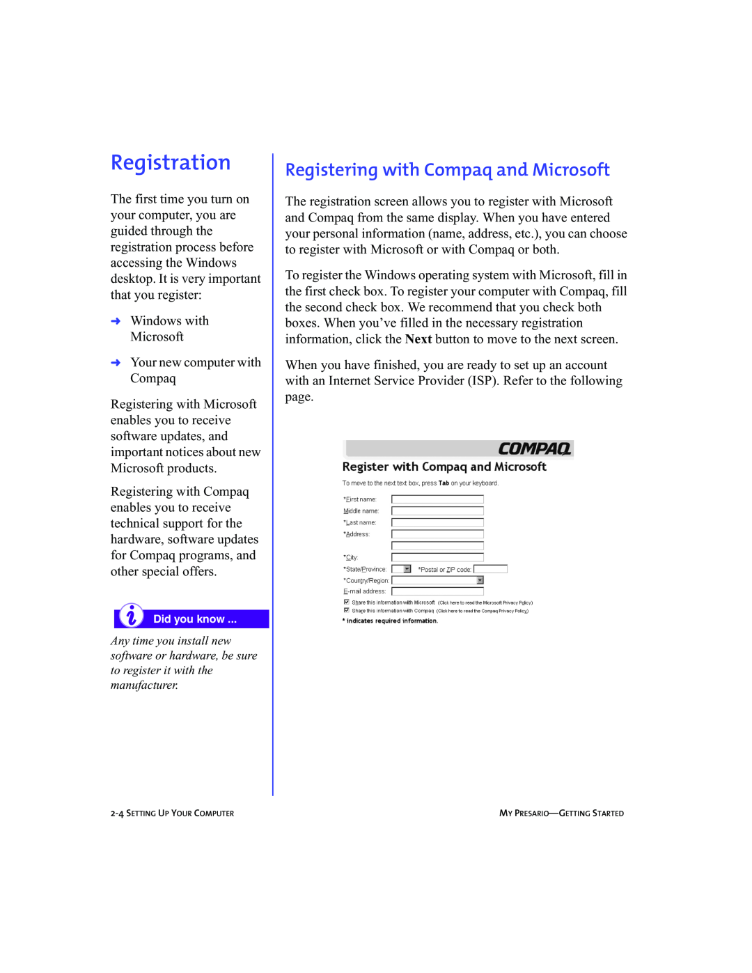 Compaq 5BW474 manual Registration, Registering with Compaq and Microsoft 