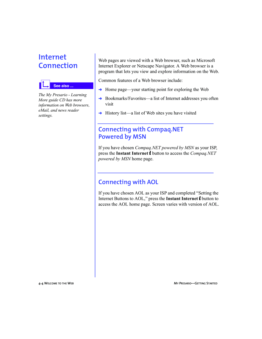 Compaq 5BW474 manual Internet Connection, Connecting with Compaq.NET Powered by MSN, Connecting with AOL 