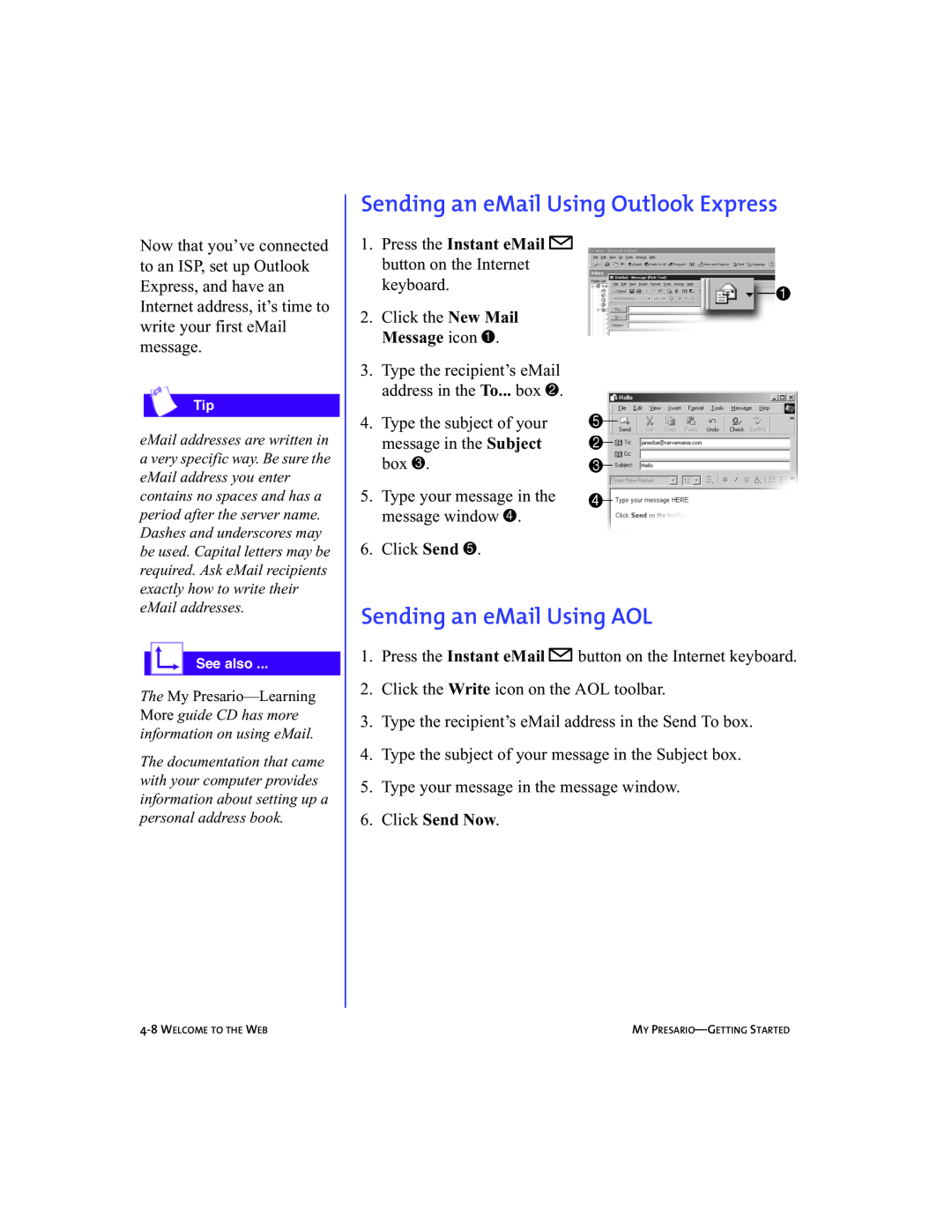 Compaq 5BW474 manual Sending an eMail Using Outlook Express, Sending an eMail Using AOL, Welcome To The Web 