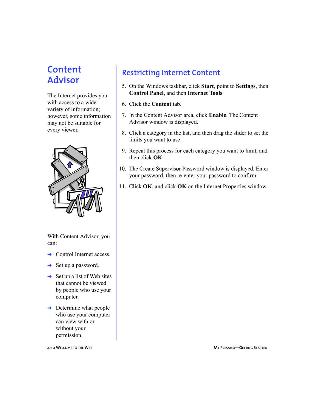 Compaq 5BW474 manual Content Advisor, Restricting Internet Content 