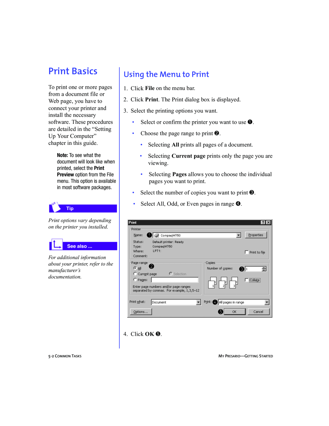 Compaq 5BW474 manual Print Basics, Using the Menu to Print 