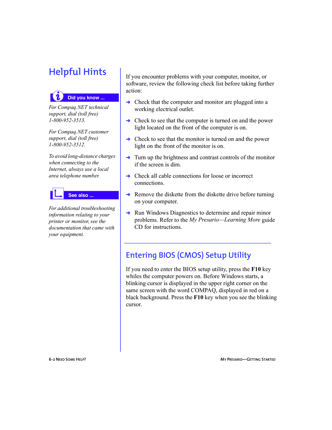 Compaq 5BW474 manual Helpful Hints, Entering BIOS CMOS Setup Utility 