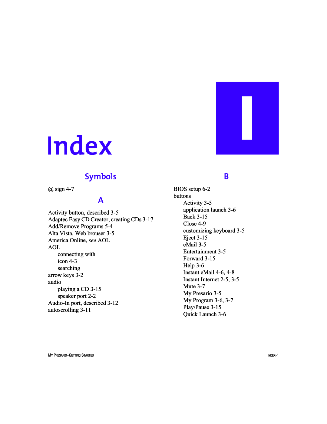 Compaq 5BW474 manual Index, Symbols 
