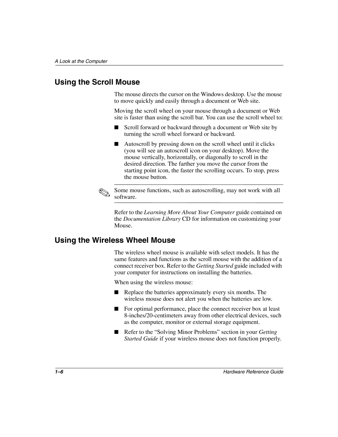 Compaq 6000 manual Using the Scroll Mouse, Using the Wireless Wheel Mouse 