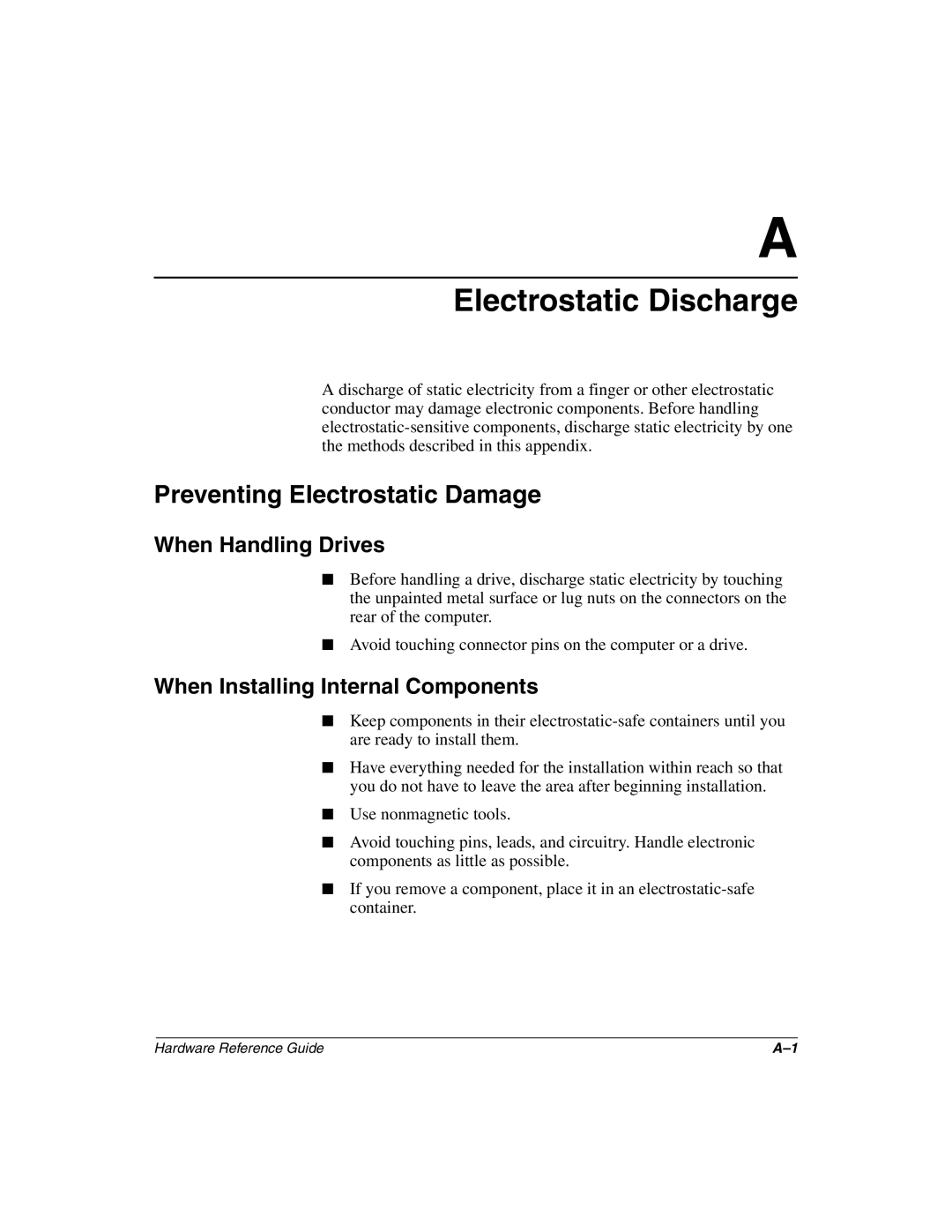 Compaq 6000 manual Electrostatic Discharge, Preventing Electrostatic Damage, When Handling Drives 