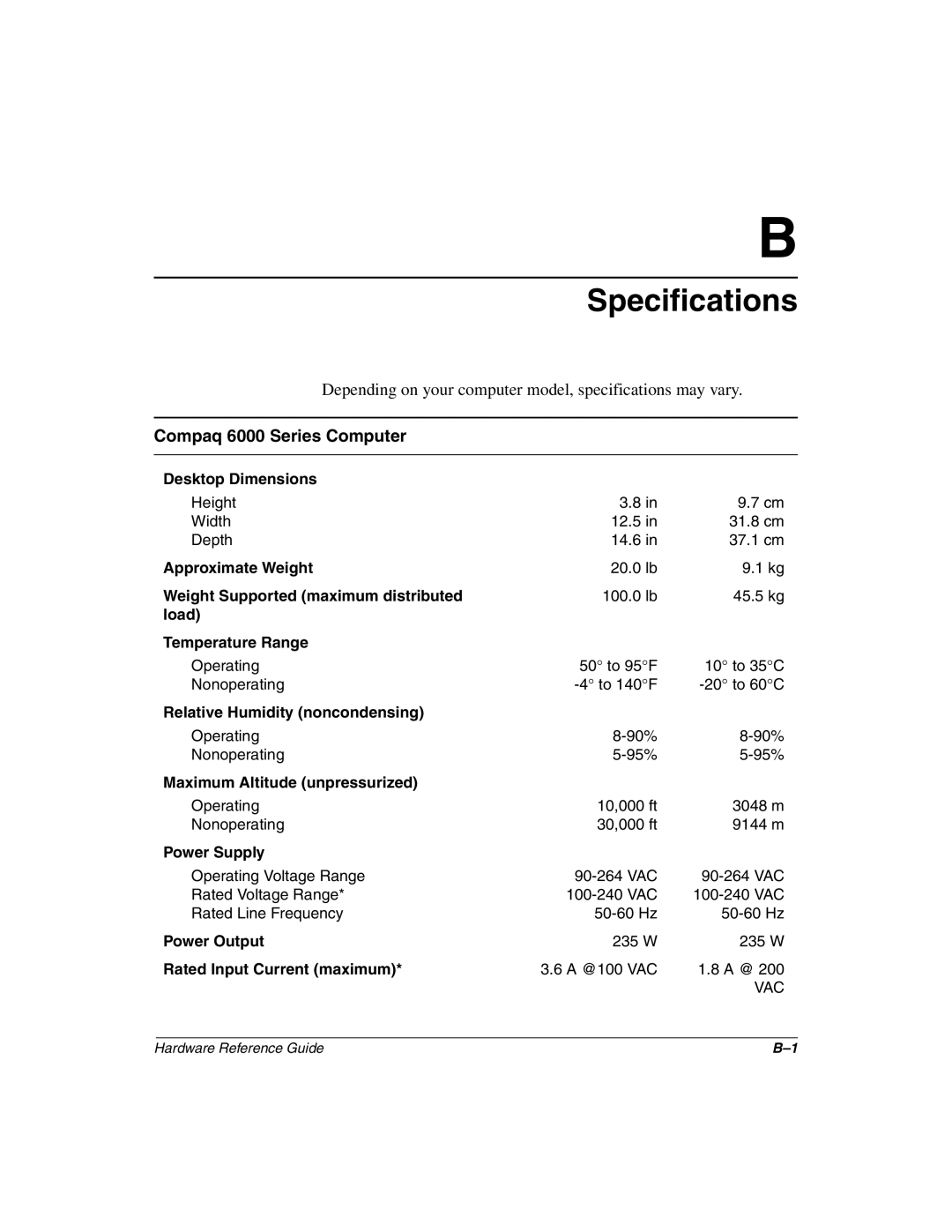 Compaq manual Specifications, Compaq 6000 Series Computer 