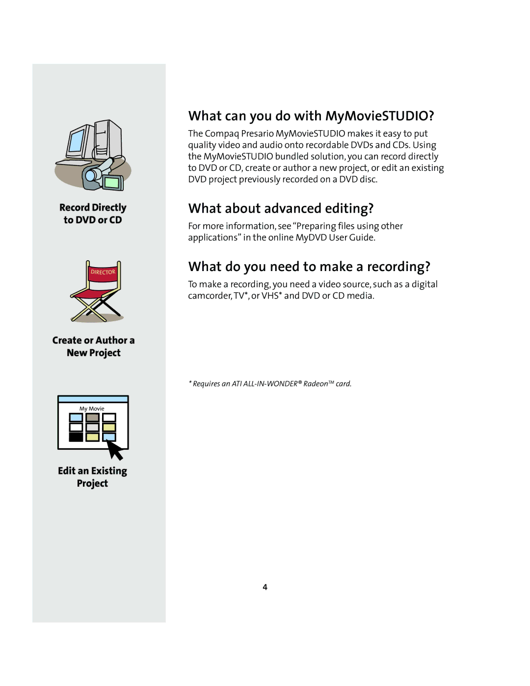 Compaq 6010AP manual Record Directly To DVD or CD Create or Author a New Project, Edit an Existing Project 