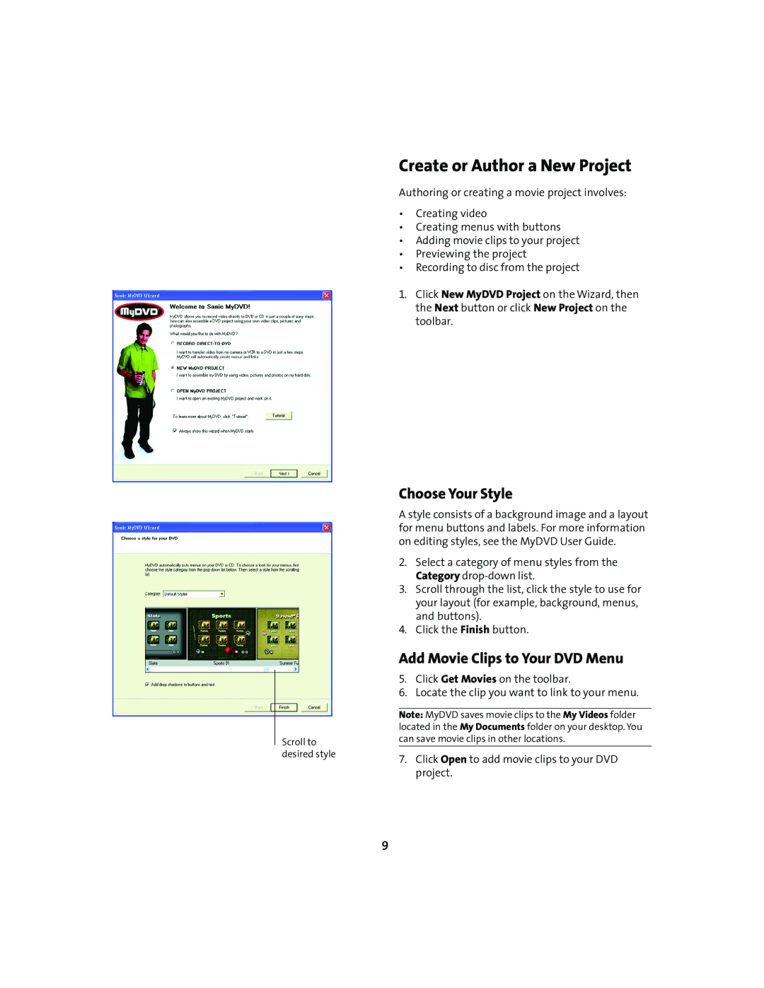 Compaq 6010AP manual Create or Author a New Project, Choose Your Style, Add Movie Clips to Your DVD Menu 