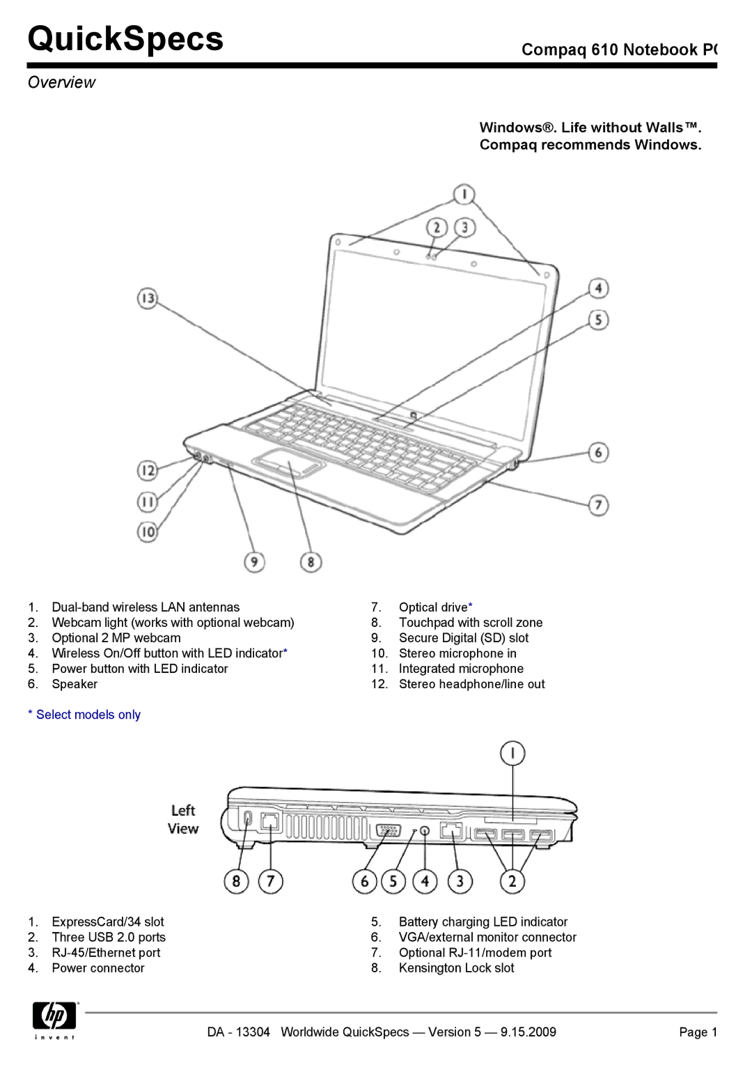 Compaq 610 manual QuickSpecs 