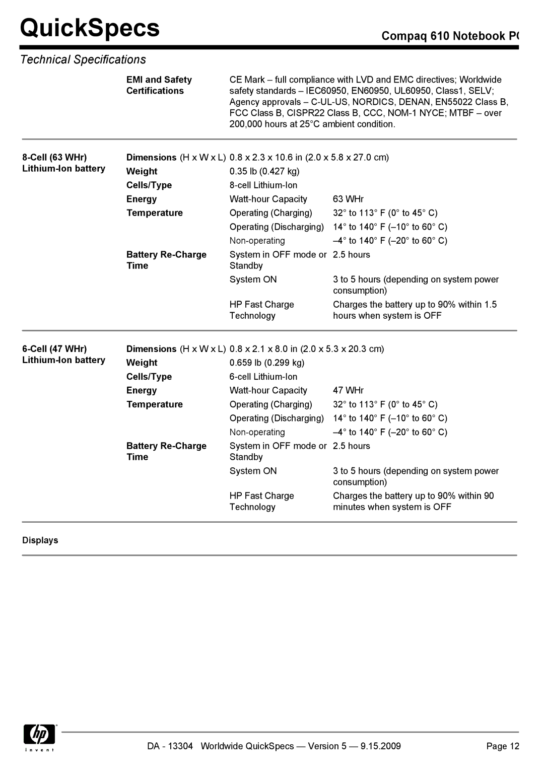 Compaq 610 Cell 63 WHr Lithium-Ion battery, Cells/Type, Energy, Battery Re-Charge, Time, Cell 47 WHr Lithium-Ion battery 