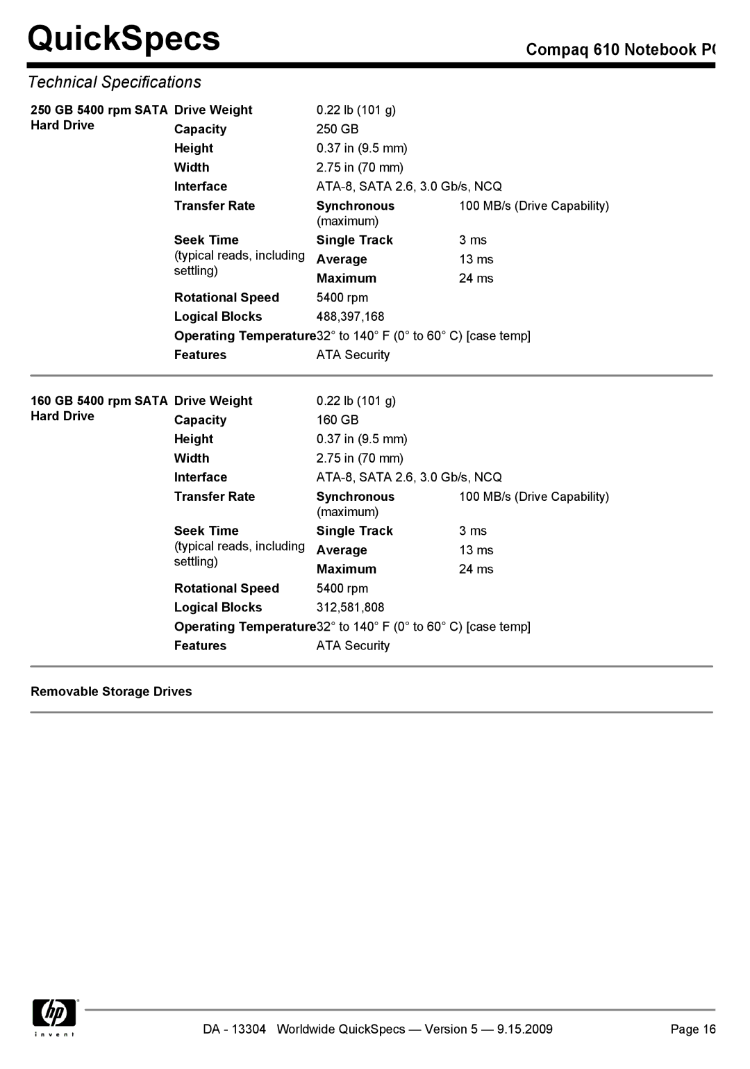 Compaq 610 manual 250 GB 5400 rpm Sata Hard Drive Drive Weight, 160 GB 5400 rpm Sata Hard Drive Drive Weight 