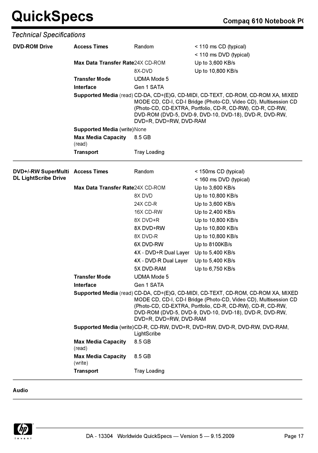 Compaq 610 DVD-ROM Drive Access Times, Max Data Transfer Rate 24X CD-ROM, Transfer Mode, Transport, DL LightScribe Drive 