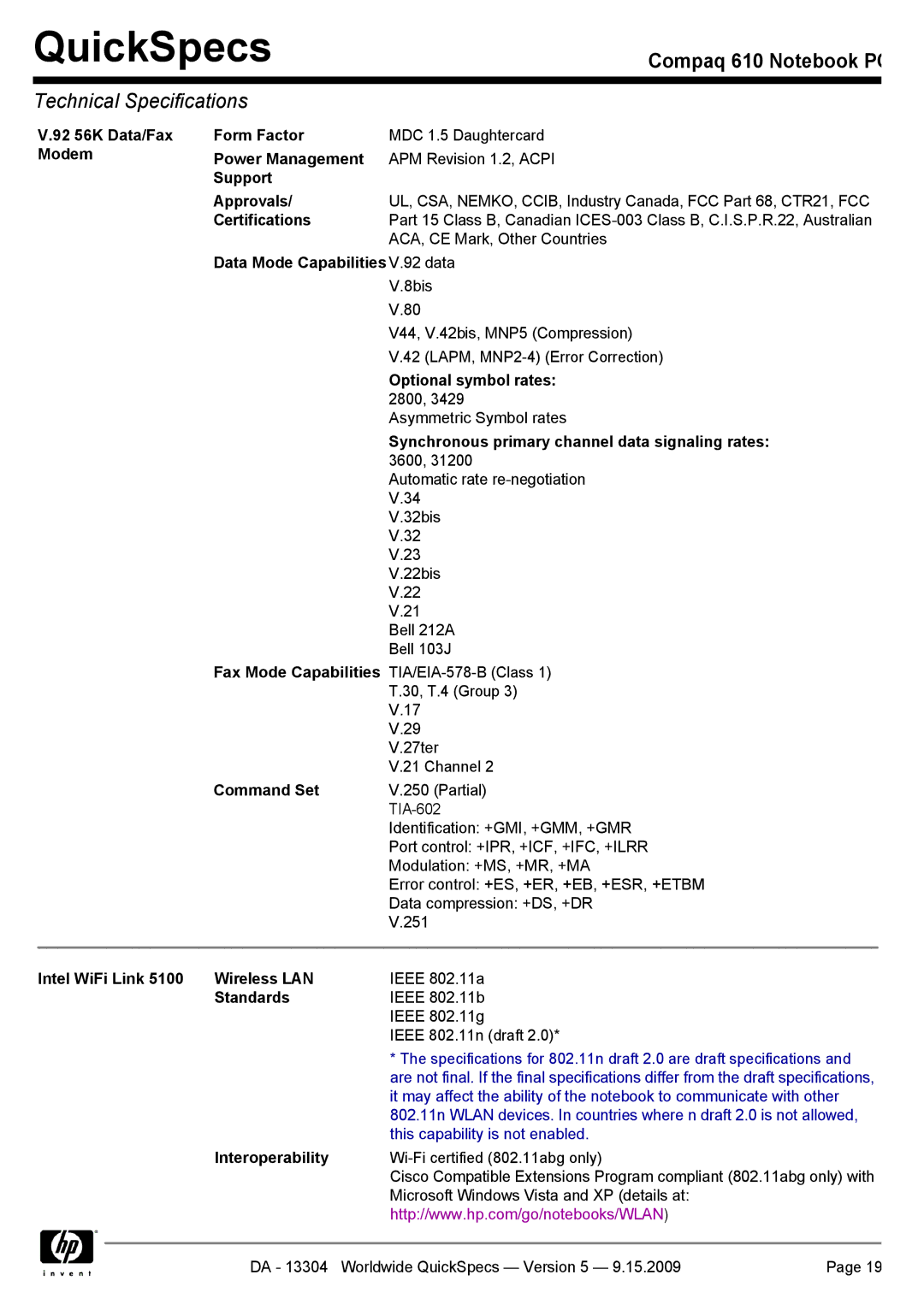 Compaq 610 manual 92 56K Data/Fax Form Factor, Modem Power Management, Support Approvals, Data Mode Capabilities V.92 data 