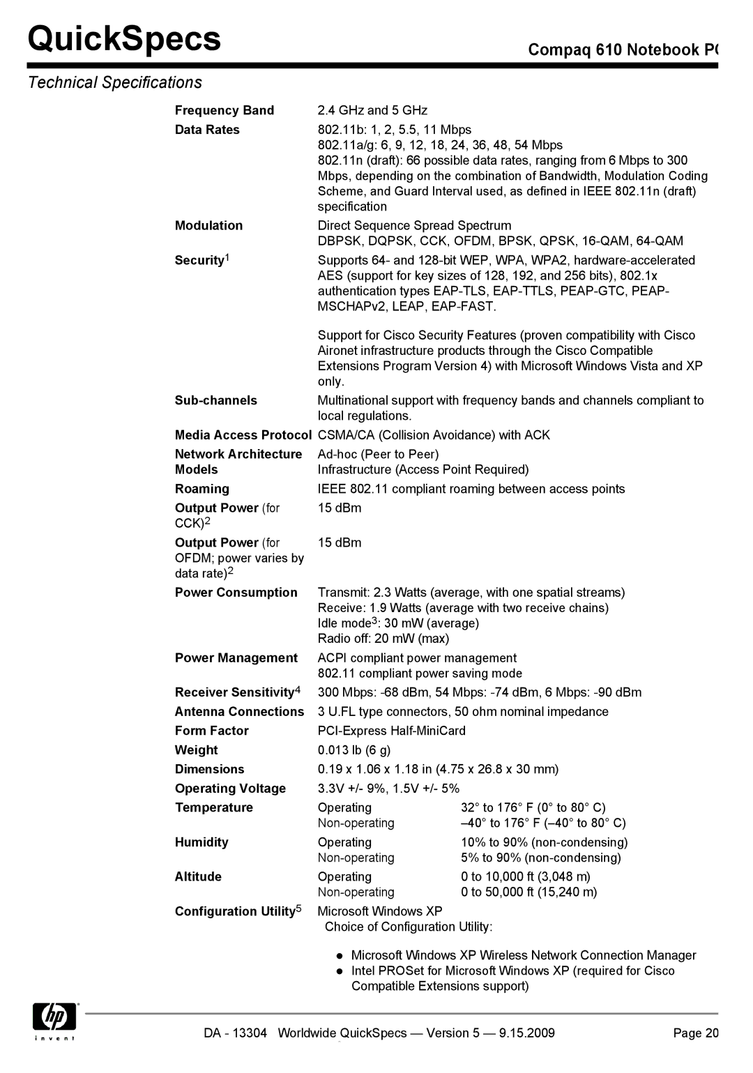 Compaq 610 Frequency Band, Data Rates, Modulation, Sub-channels, Network Architecture, Models, Roaming, Output Power for 