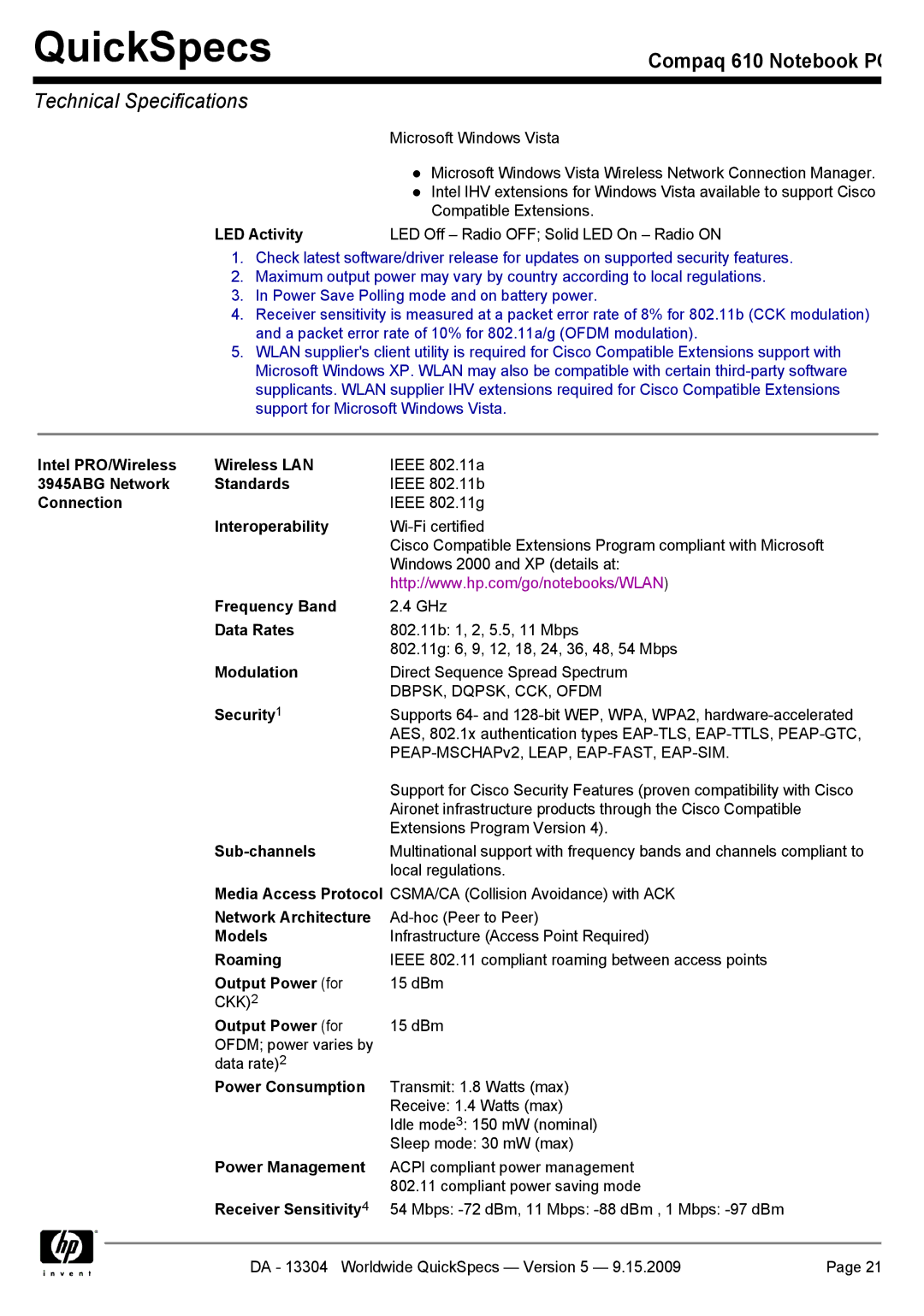 Compaq 610 manual LED Activity LED Off Radio OFF Solid LED On Radio on, Intel PRO/Wireless Wireless LAN 