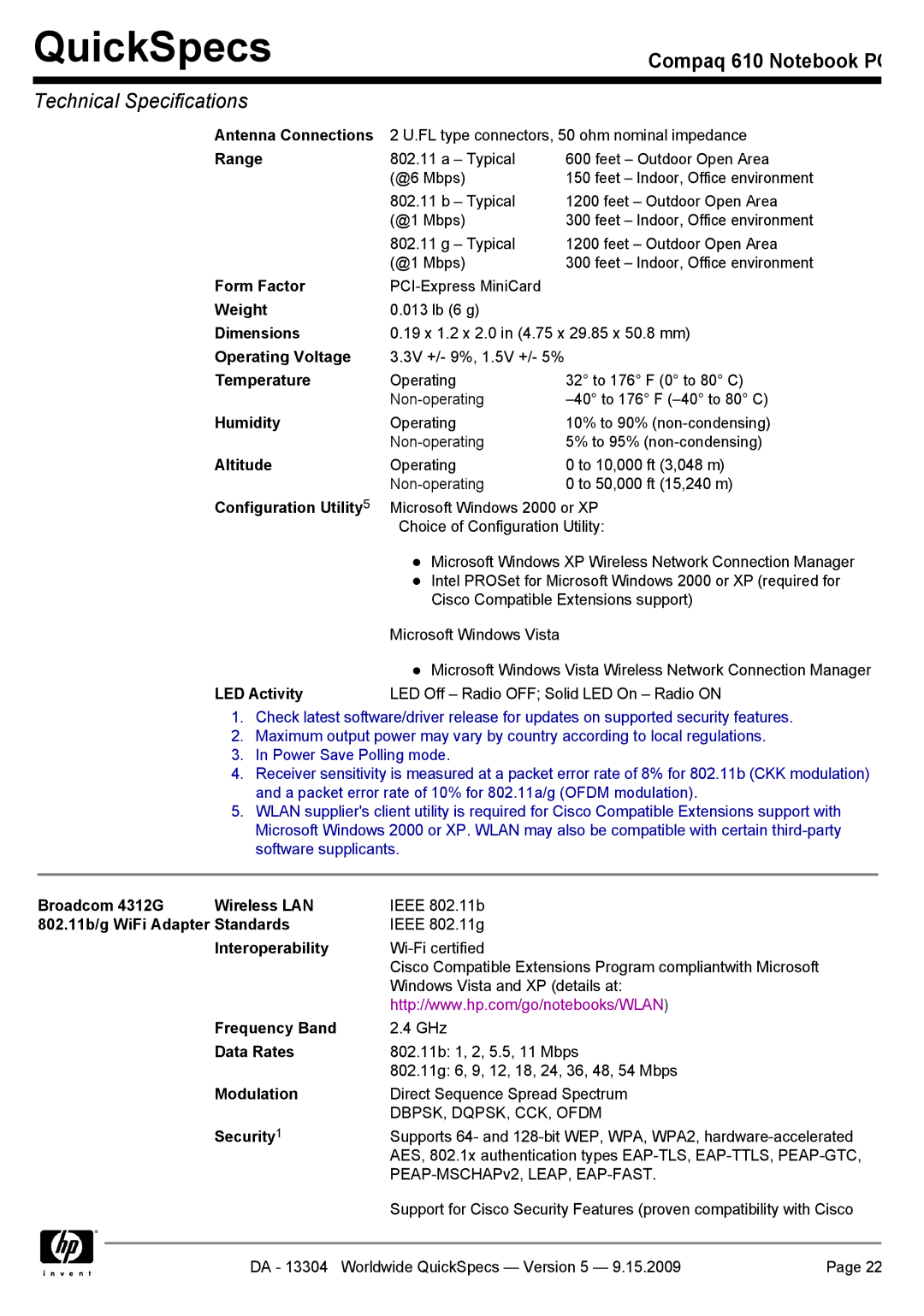 Compaq 610 manual Range, LED Activity, Broadcom 4312G Wireless LAN, 802.11b/g WiFi Adapter Standards 