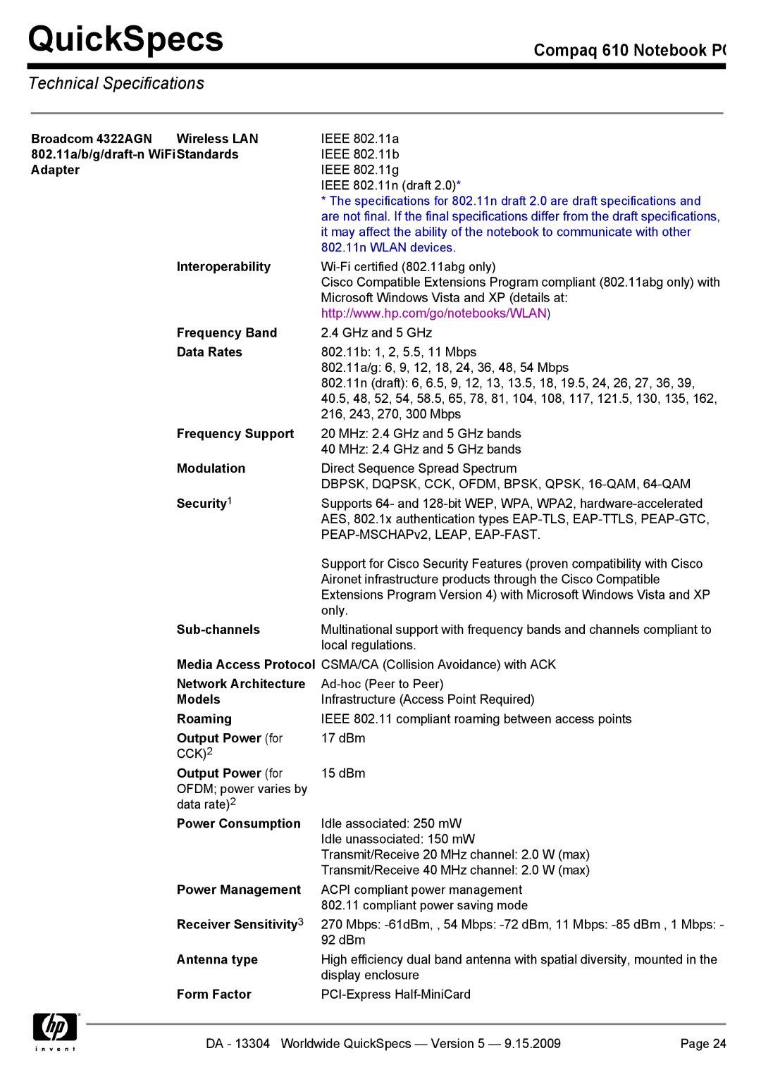 Compaq 610 manual Frequency Support, Security1, Receiver Sensitivity3 