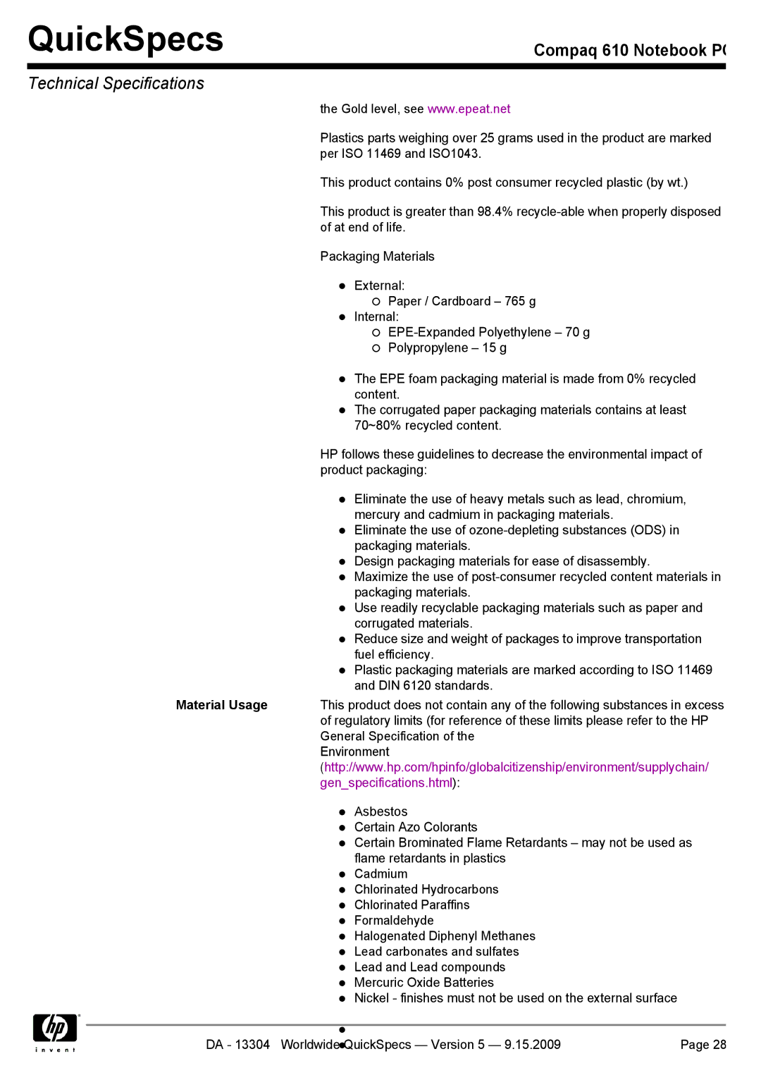 Compaq 610 manual Material Usage, Genspecifications.html 