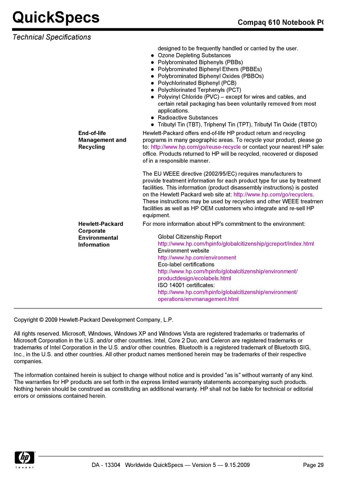 Compaq 610 manual QuickSpecs 