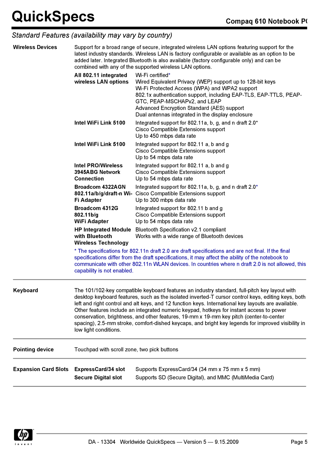 Compaq 610 All 802.11 integrated, Wireless LAN options, Intel WiFi Link, Intel PRO/Wireless, 3945ABG Network, Connection 