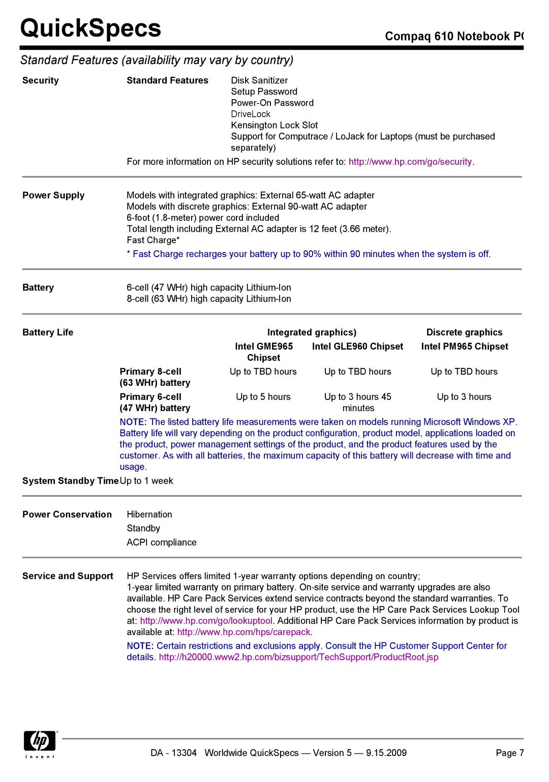 Compaq 610 manual Security Standard Features, Power Supply, Battery, WHr battery Primary 6-cell 