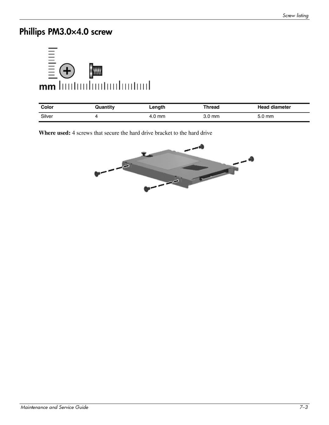 Compaq 615 manual Phillips PM3.0×4.0 screw, Color Quantity Length Thread Head diameter Silver 