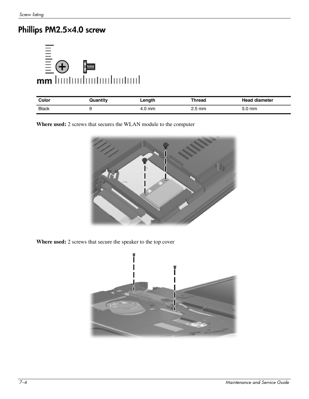 Compaq 615 manual Phillips PM2.5×4.0 screw, Color Quantity Length Thread Head diameter Black 