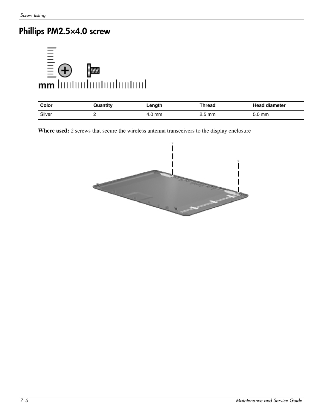 Compaq 615 manual Color Quantity Length Thread Head diameter Silver 