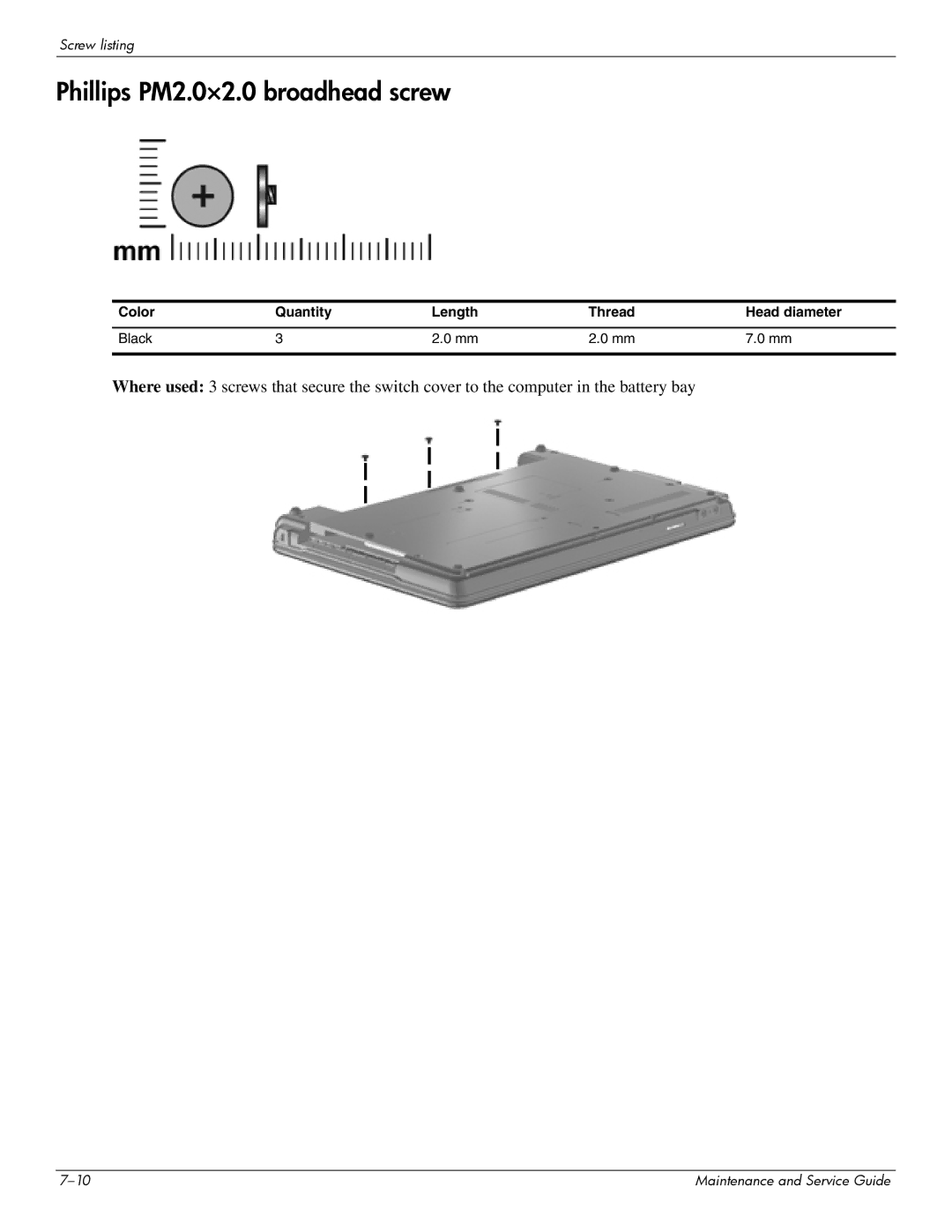 Compaq 615 manual Phillips PM2.0×2.0 broadhead screw, Color Quantity Length Thread Head diameter Black 