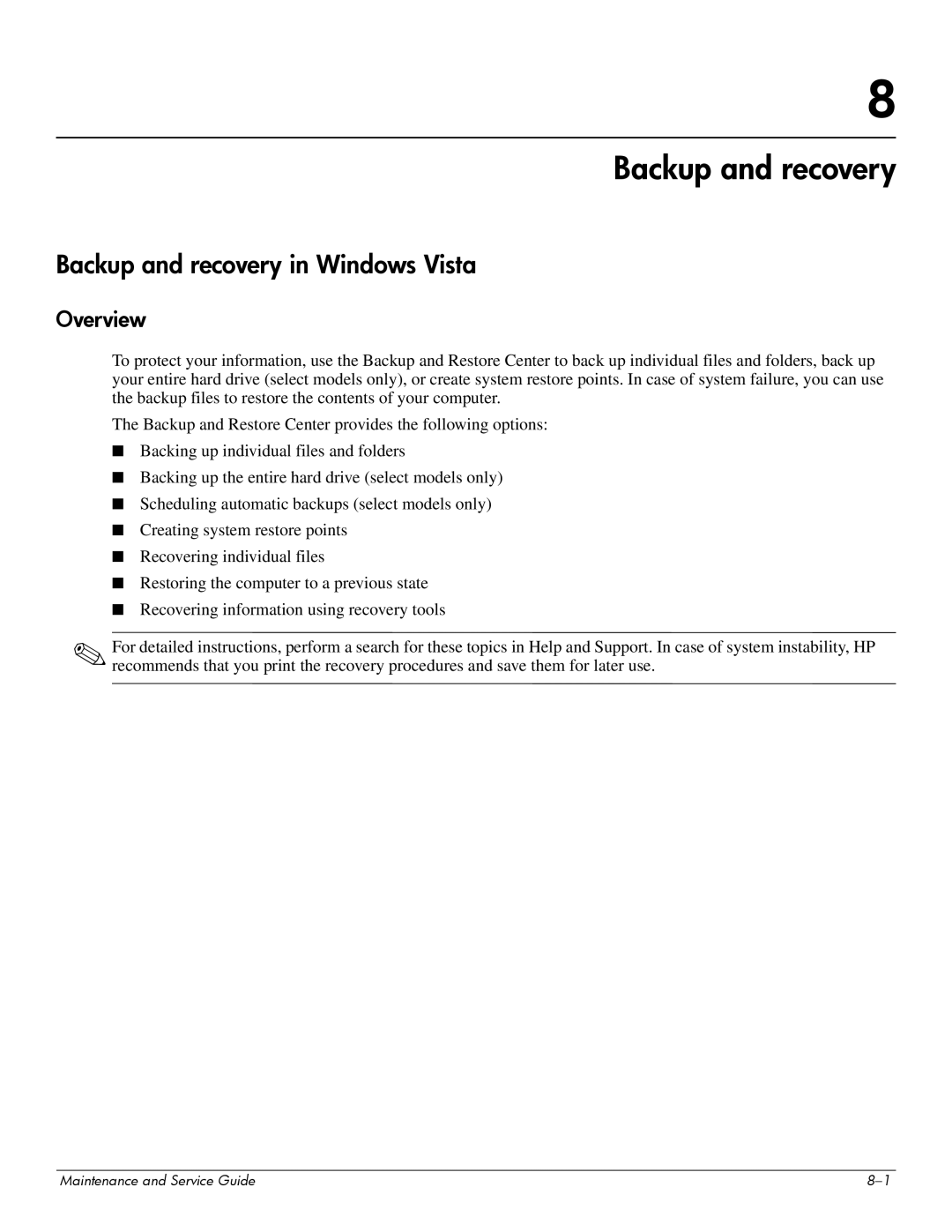 Compaq 615 manual Backup and recovery in Windows Vista, Overview 