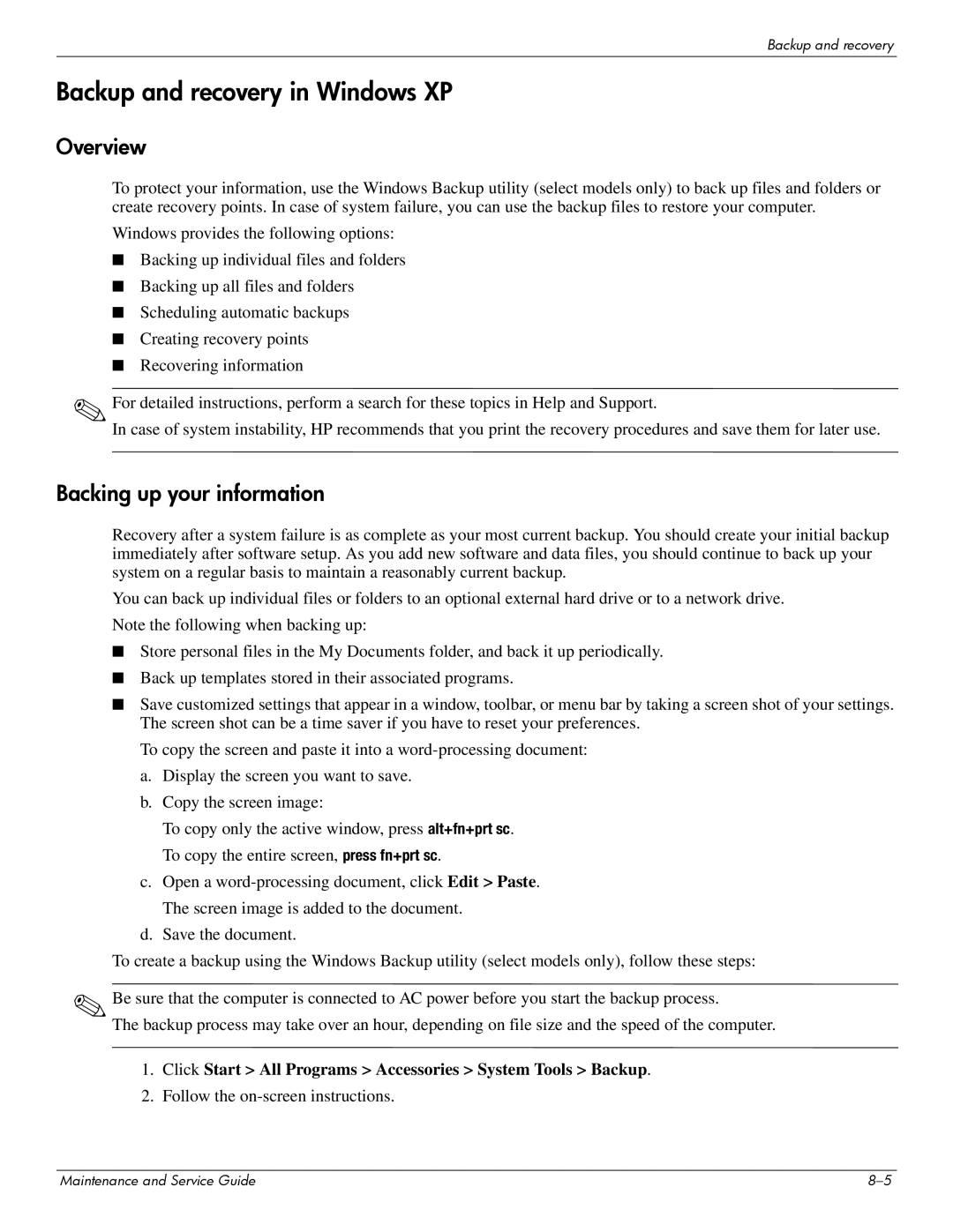 Compaq 615 manual Backup and recovery in Windows XP, Overview 