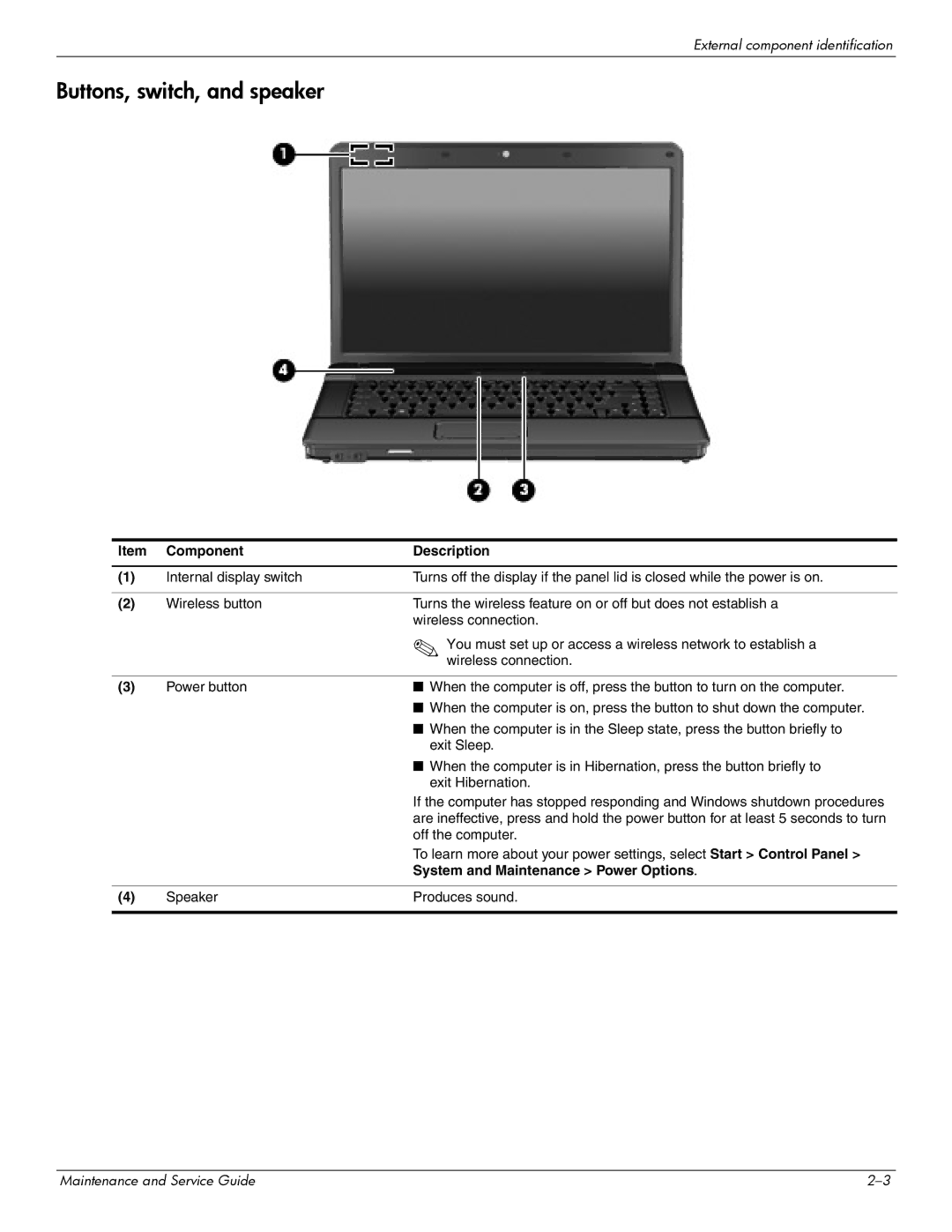 Compaq 615 manual Buttons, switch, and speaker, System and Maintenance Power Options 