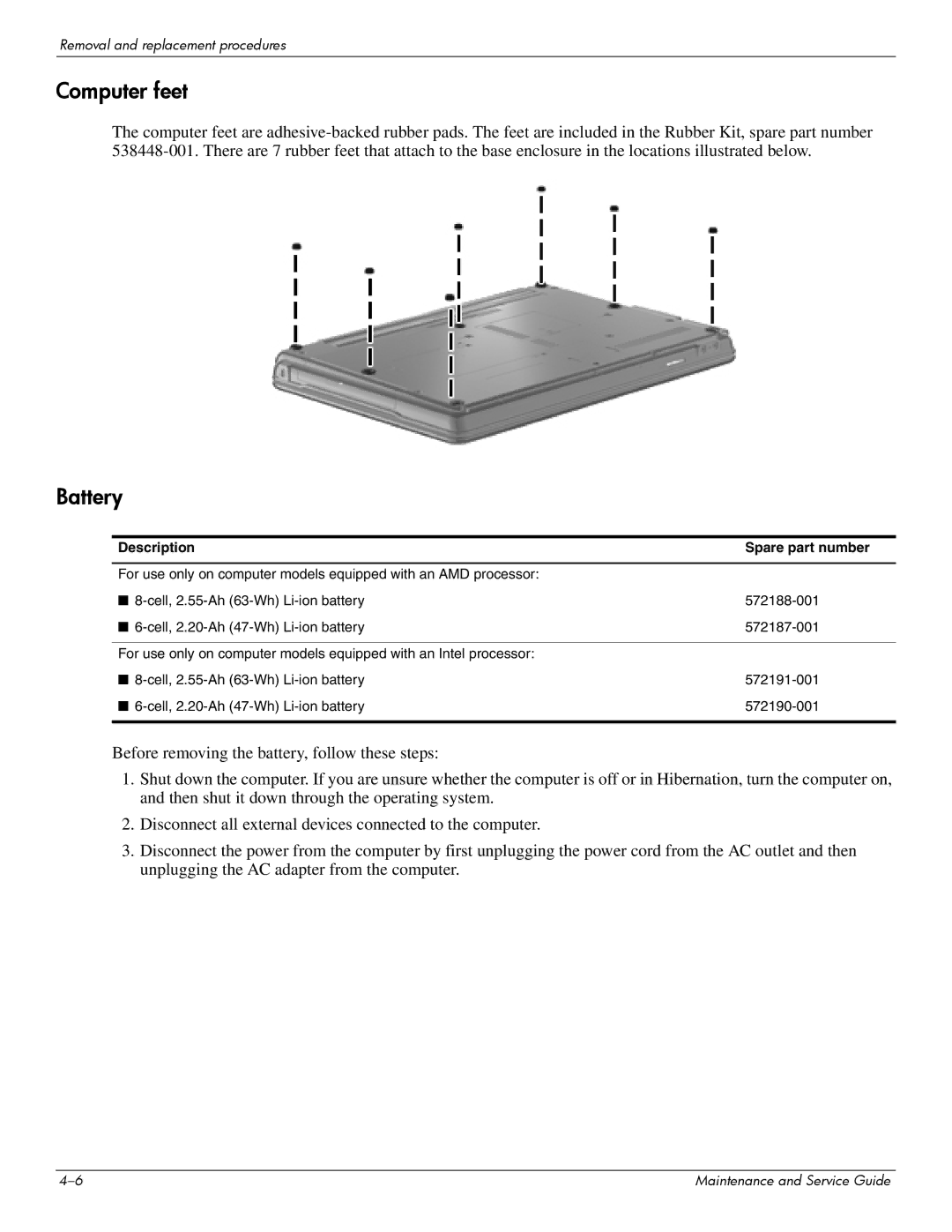 Compaq 615 manual Computer feet, Battery 