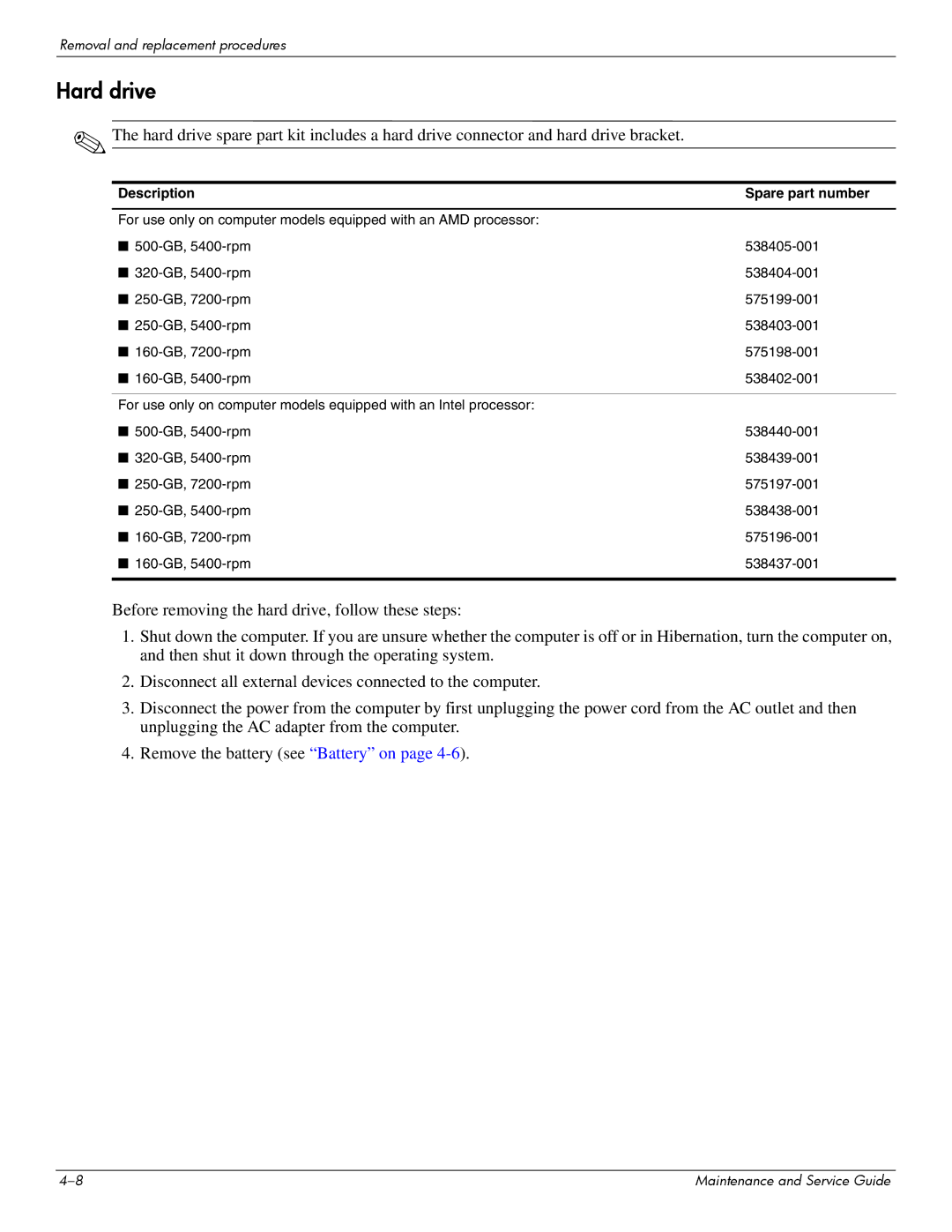 Compaq 615 manual Hard drive 