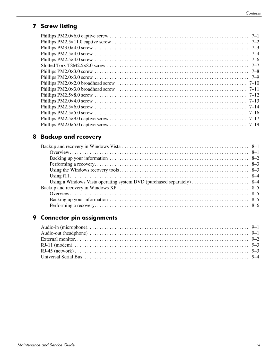 Compaq 615 manual Screw listing 