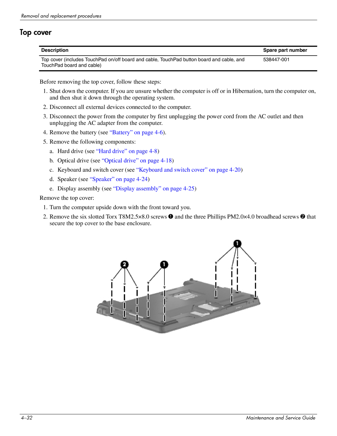 Compaq 615 manual Top cover, Description Spare part number 