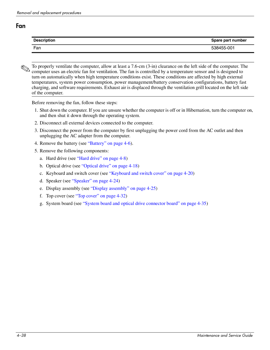 Compaq 615 manual Fan, Description Spare part number 