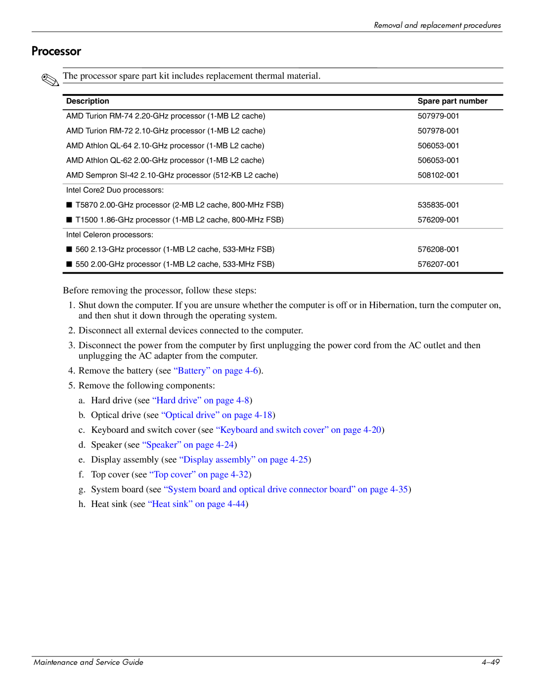 Compaq 615 manual Processor, Description Spare part number 